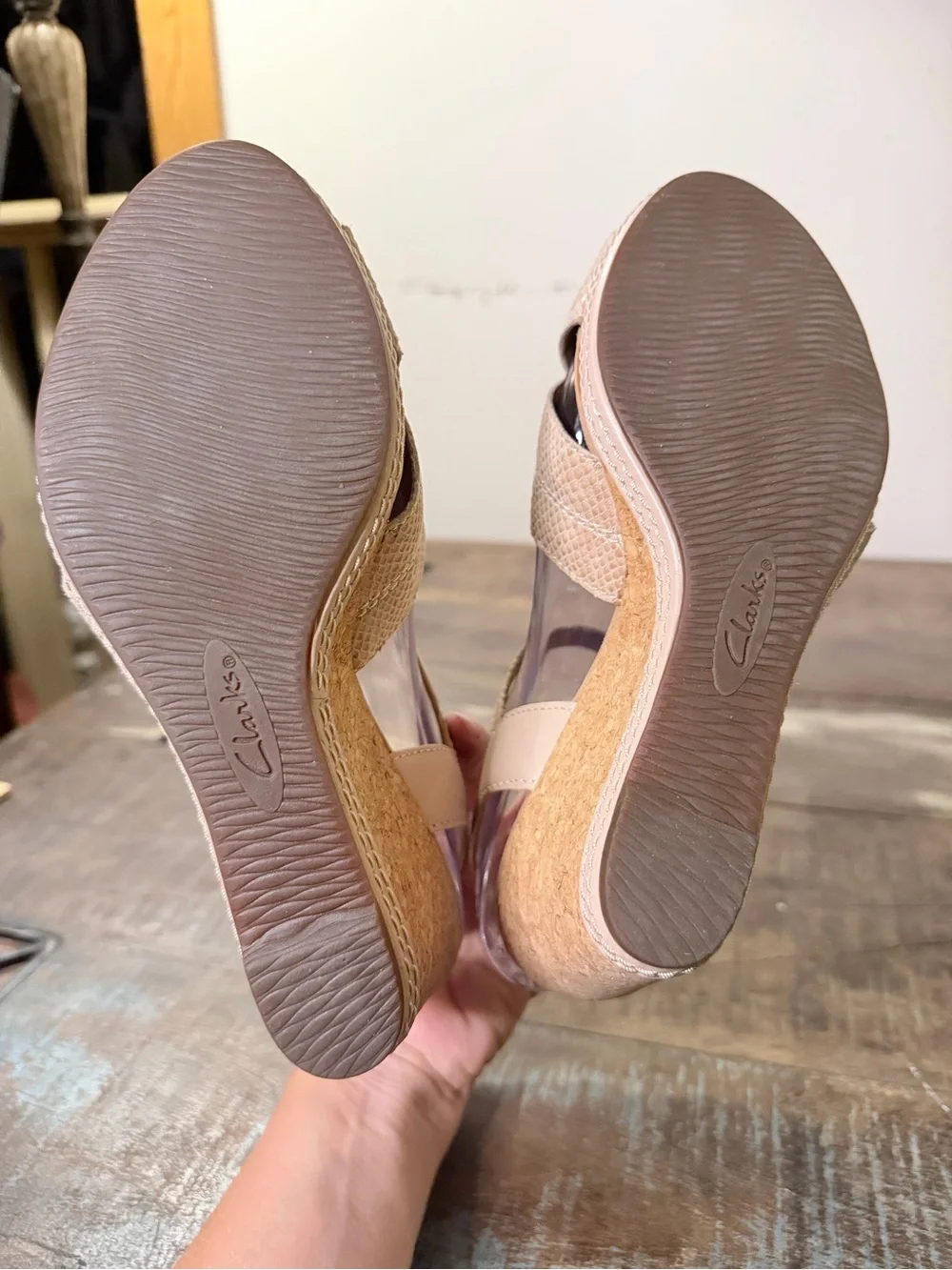 Clarks Blush Tan Crisscross Wedge Sandals